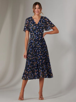 Chiffon Pleated Wrap Midaxi Dress, Navy Blue Multi – Jolie Moi Retail
