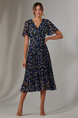 Pleated Midaxi Dress, Navy Blue Multi