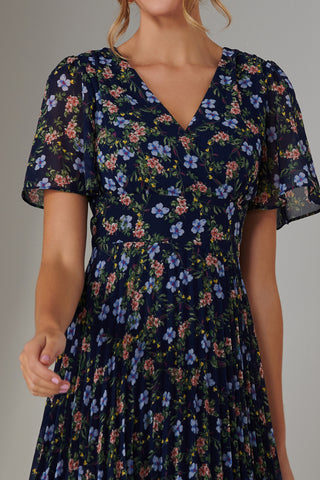 Pleated Midaxi Dress, Navy Blue Multi