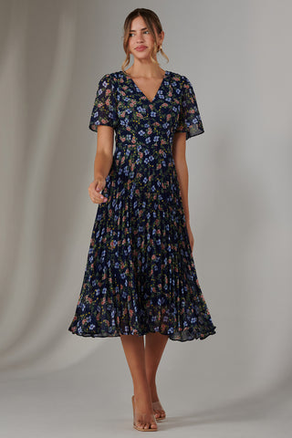 Pleated Midaxi Dress, Navy Blue Multi