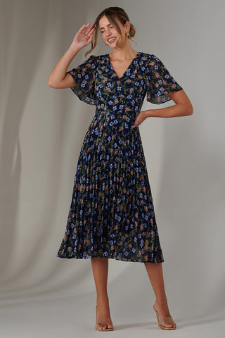 Pleated Midaxi Dress, Navy Blue Multi