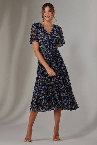 Pleated Midaxi Dress, Navy Blue Multi