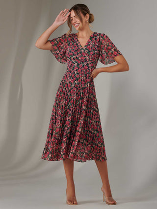 Pleated Midaxi Dress Pink Floral