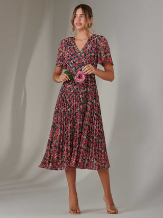 Pleated Midaxi Dress Pink Floral