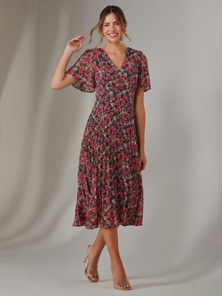 Pleated Midaxi Dress Pink Floral