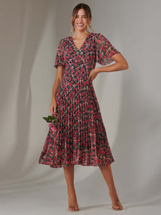 Pleated Midaxi Dress Pink Floral