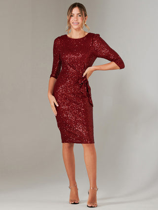 3/4 Sleeve Sequin Stretch Shift Dress, Dark Red