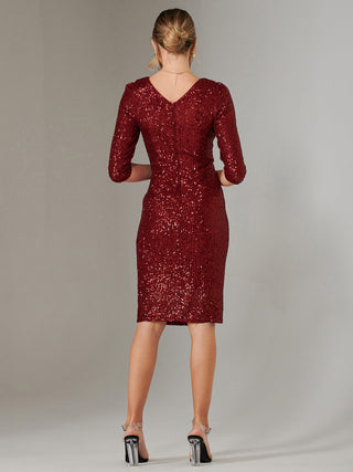 3/4 Sleeve Sequin Stretch Shift Dress, Dark Red