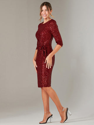 3/4 Sleeve Sequin Stretch Shift Dress, Dark Red