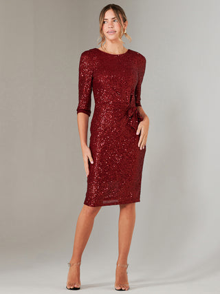 3/4 Sleeve Sequin Stretch Shift Dress, Dark Red