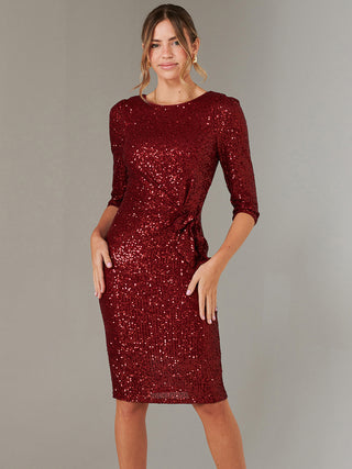 3/4 Sleeve Sequin Stretch Shift Dress, Dark Red