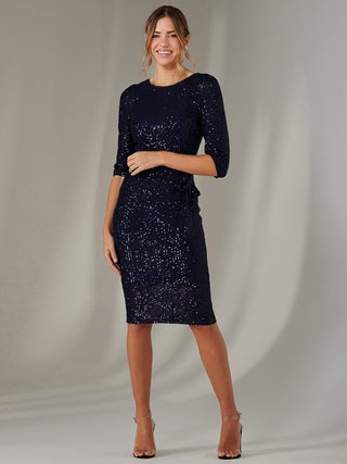 3/4 Sleeve Sequin Stretch Shift Dress, Navy