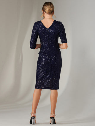 3/4 Sleeve Sequin Stretch Shift Dress, Navy