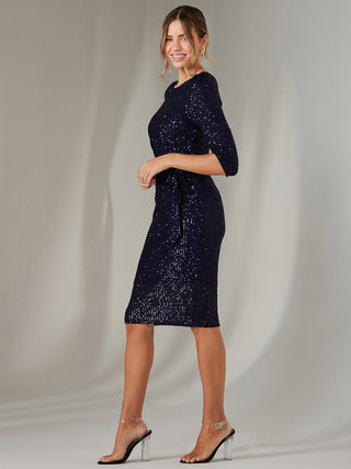 3/4 Sleeve Sequin Stretch Shift Dress, Navy