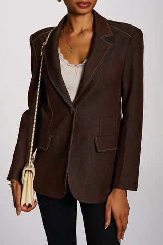 Oversized Single-Breasted Denim Blazer, Brown