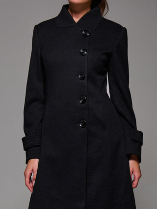 Asymmetric Button Detail Fit & Flare Coat, Black
