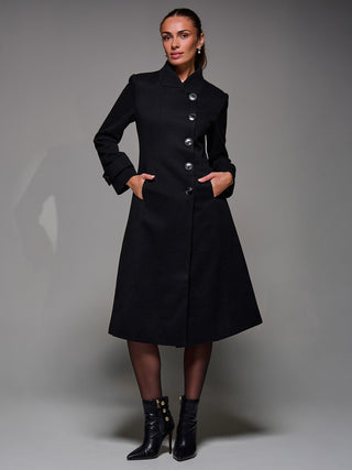 Asymmetric Button Detail Fit & Flare Coat, Black