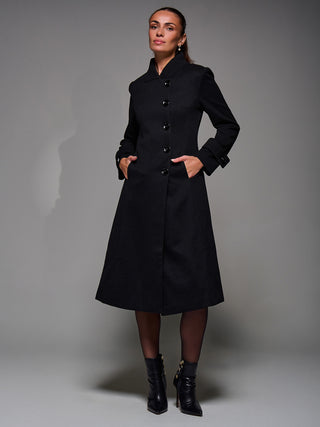Asymmetric Button Detail Fit & Flare Coat, Black