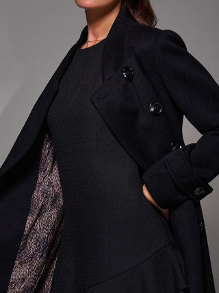 Asymmetric Button Detail Fit & Flare Coat, Black
