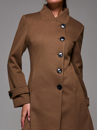 Asymmetric Button Detail Fit & Flare Coat, Brown