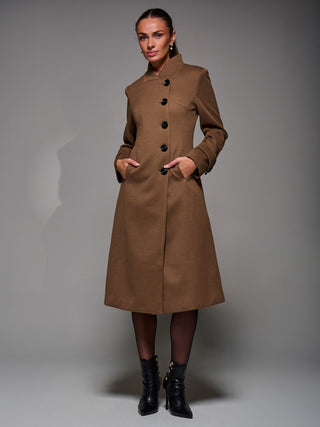 Asymmetric Button Detail Fit & Flare Coat, Brown