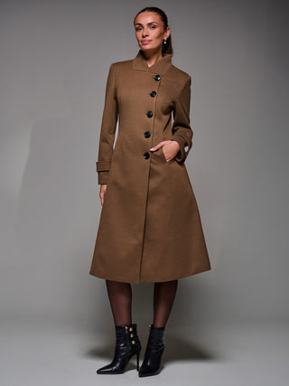 Asymmetric Button Detail Fit & Flare Coat, Brown