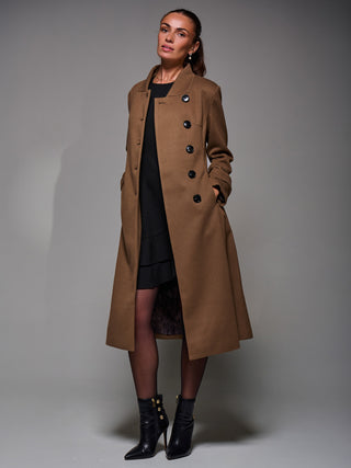 Asymmetric Button Detail Fit & Flare Coat, Brown
