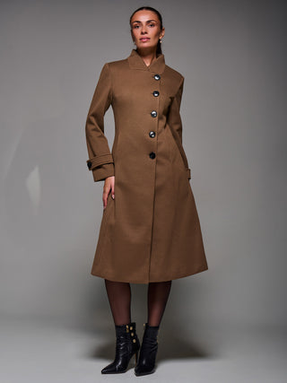 Asymmetric Button Detail Fit & Flare Coat, Brown