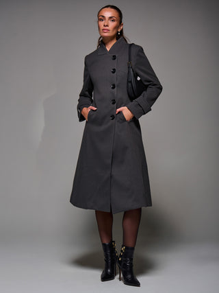 Asymmetric Button Detail Fit & Flare Coat, Dark Grey