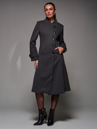 Asymmetric Button Detail Fit & Flare Coat, Dark Grey