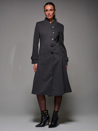 Asymmetric Button Detail Fit & Flare Coat, Dark Grey