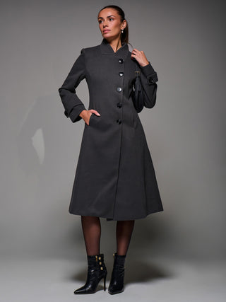 Asymmetric Button Detail Fit & Flare Coat, Dark Grey