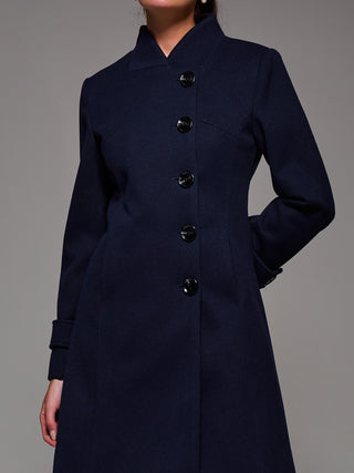 Asymmetric Button Detail Fit & Flare Coat, Navy