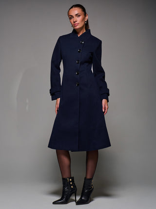 Asymmetric Button Detail Fit & Flare Coat, Navy