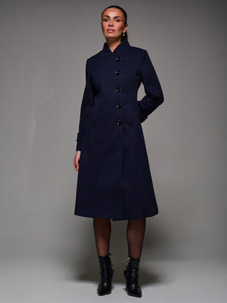 Asymmetric Button Detail Fit & Flare Coat, Navy
