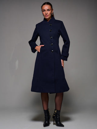 Asymmetric Button Detail Fit & Flare Coat, Navy