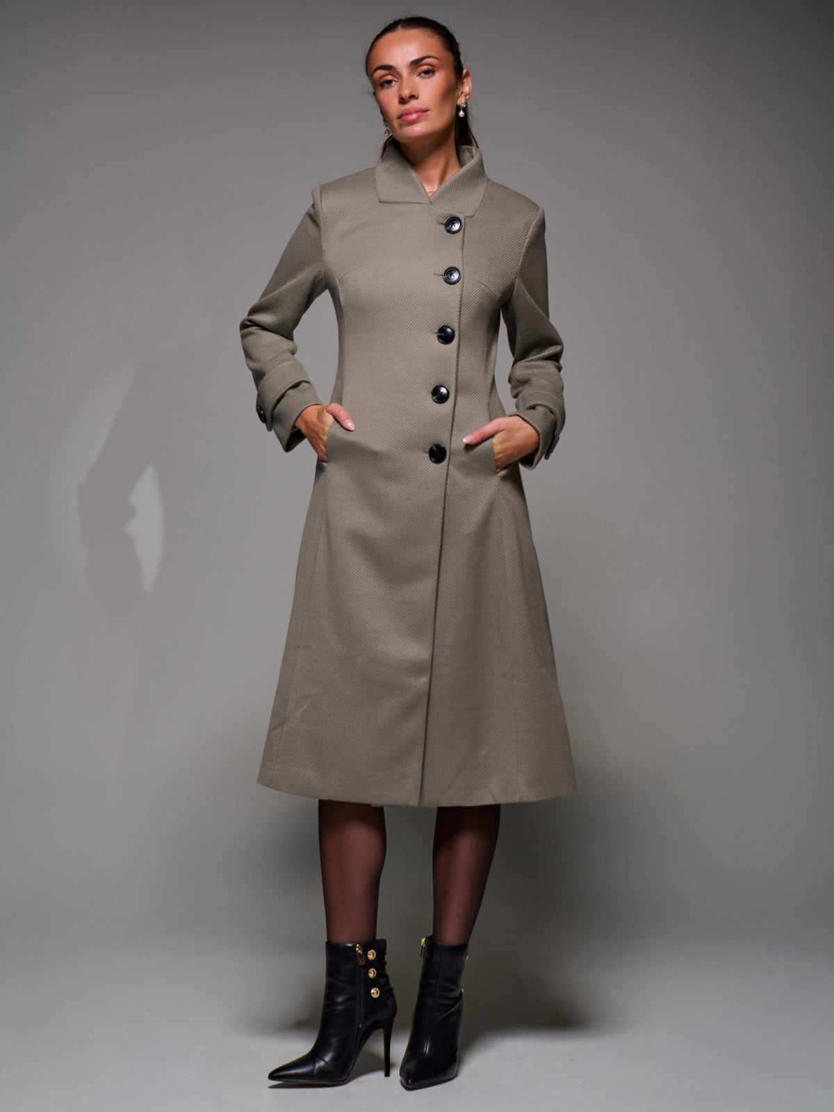 ジャケット・アウター Golem asymmetrical button long coat Asymmetric Button Detail Fit & Flare Coat, Stone Green – Jolie Moi