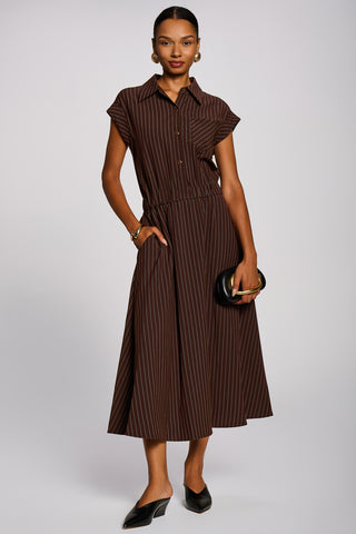 Striped Woven Shirt Midi Dress, Brown