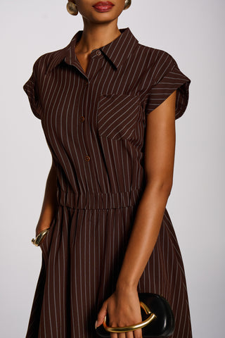 Striped Woven Shirt Midi Dress, Brown