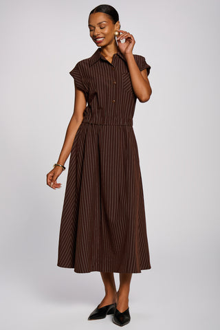 Striped Woven Shirt Midi Dress, Brown