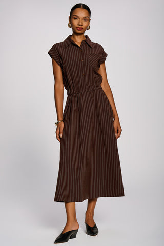 Striped Woven Shirt Midi Dress, Brown