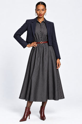 Striped Woven Shirt Midi Dress, Grey