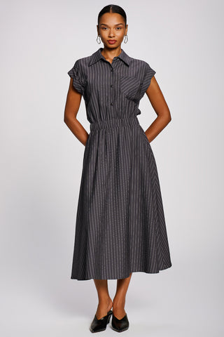 Striped Woven Shirt Midi Dress, Grey