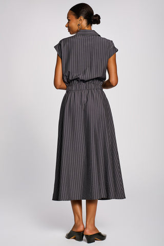 Striped Woven Shirt Midi Dress, Grey