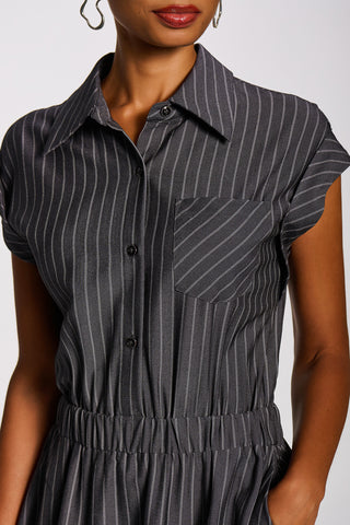 Striped Woven Shirt Midi Dress, Grey