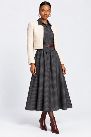 Striped Woven Shirt Midi Dress, Grey