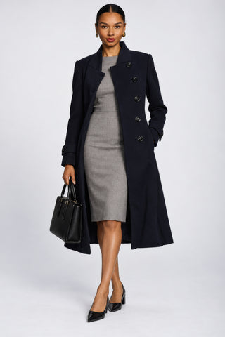 Asymmetrical Button Fit & Flare Jacket, Navy