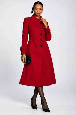 Asymmetrical Button Fit & Flare Jacket, Black, Red