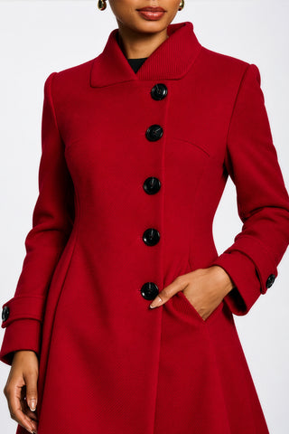 Asymmetrical Button Fit & Flare Jacket, Black, Red