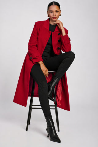 Asymmetrical Button Fit & Flare Jacket, Black, Red